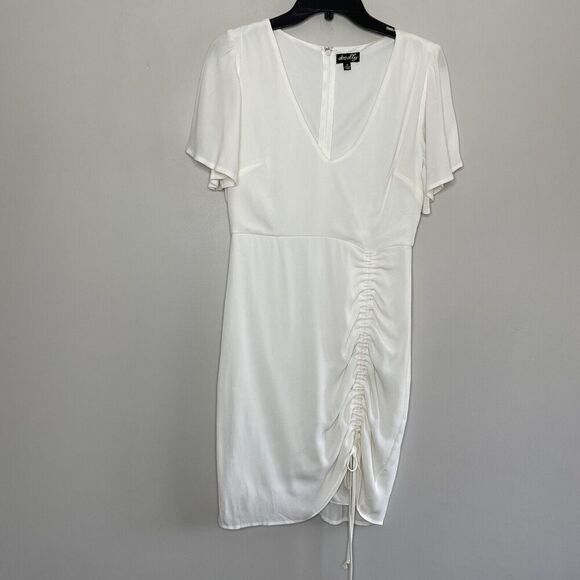 Dee Elly Dresses & Skirts - DEE ELLY Dress Womens Medium Ivory V-Neck Sheer Lined Sheath Ruched Detail